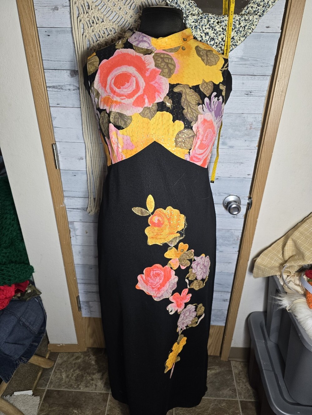 Vtg 60's MOD Floral Print Black Maxi Dress Pink & Yellow Roses Flower Power